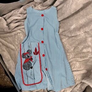 Vintage Blue White Striped Koala Embroidery Sleeveless Shift Dress Red Buttons